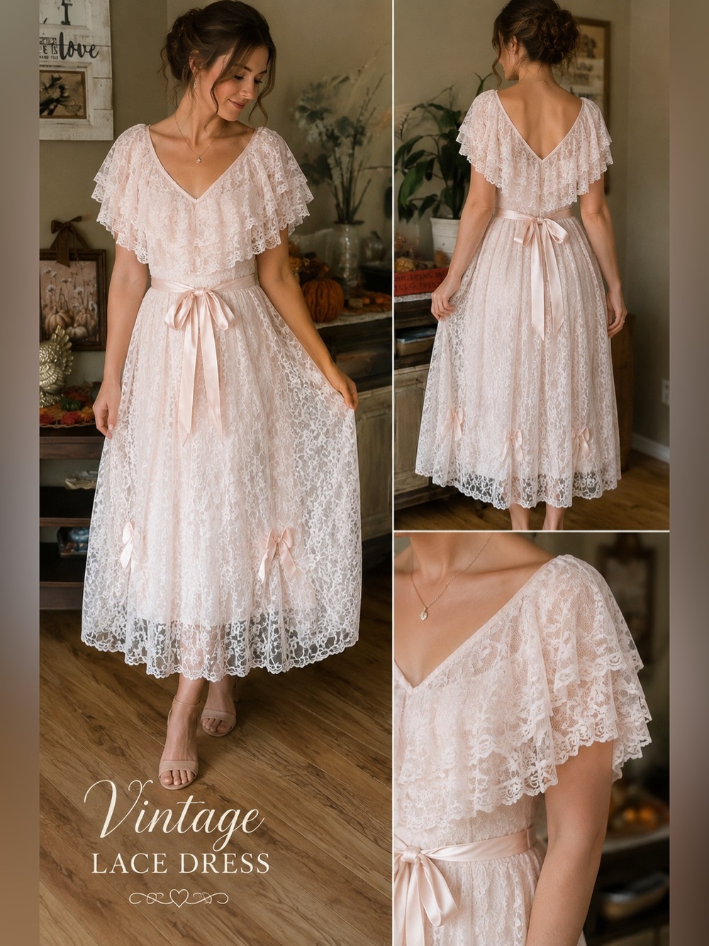 Vintage Lace Midi Dress in Blush with Satin Waist Tie size 11/12 womens
